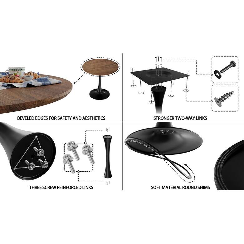 Modern Round Kitchen Table Set with 2 Black PU Upholstered Chairs, Walnut Table & Chairs Set Bar Set