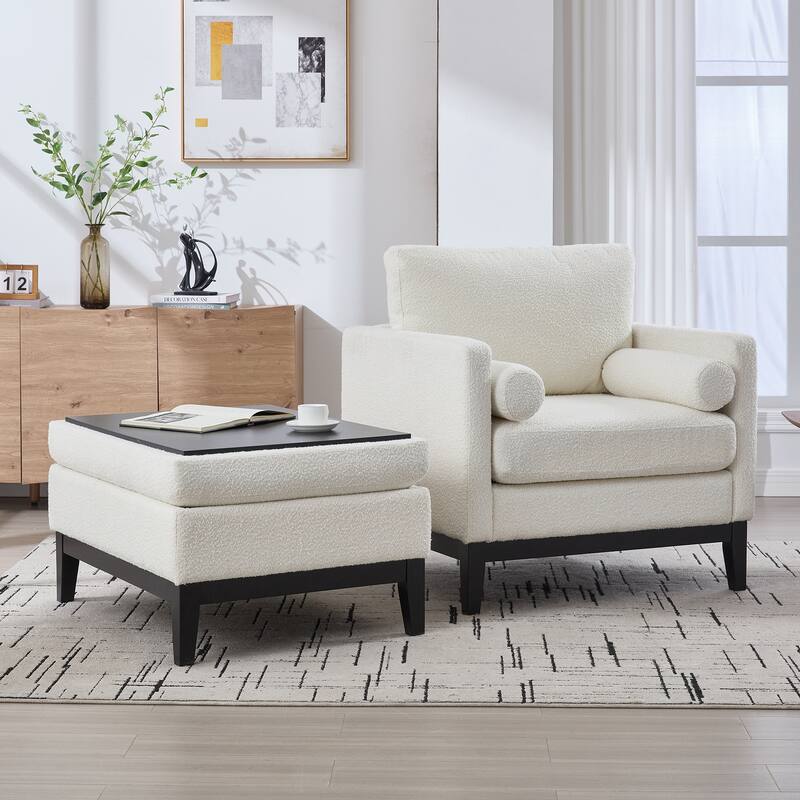 Roomfitters Boucle Accent Chair with Ottoman, Farmhouse Armchair and Reversible Lid Coffee Table Set for Living Room or Lounge