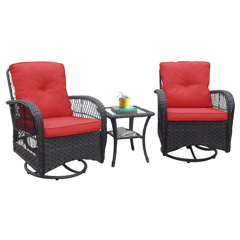 360-Degree Patio Wicker Swivel Rocker Chairs Set - Dark Red