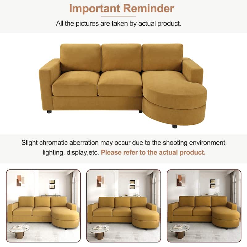 L-Shape Sectional Sofa with Curved Chaise Lounge, Chenille Fabric 3 Seater Sofa with USB Ports & Storage Pockets