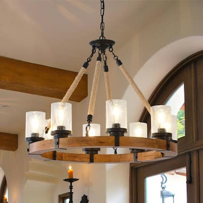 Farmhouse Wagon Wheel Chandelier Round Wood Pendant Lighting Fixture for Dining Room
