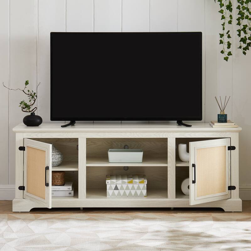 TV Stand for TVs up to 70" with Natural Rattan Doors, 2 Storage Cabinets, 3 Adjustable Shelves, Multifunctional Console Table