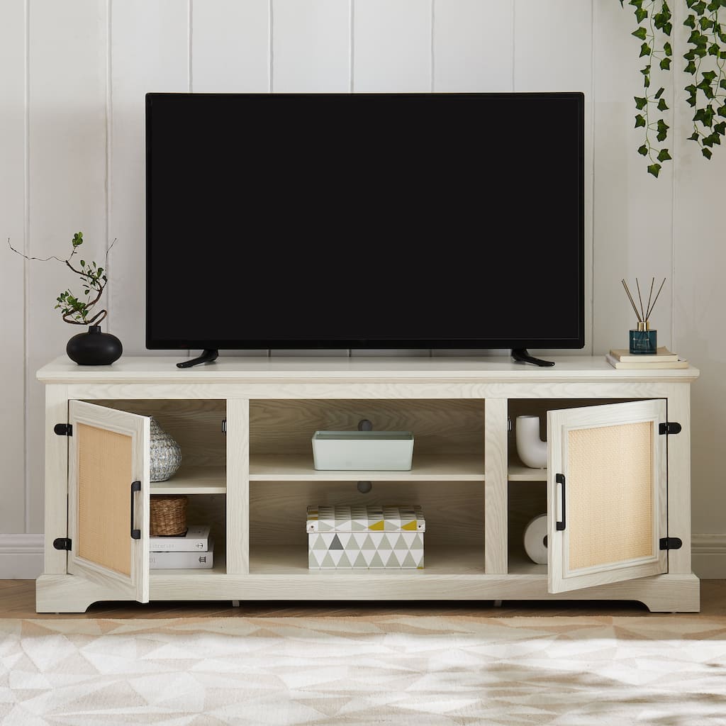 TV Stand with Storage Cabinet, Console Table with Natural Rattan Door, Entertainment Center with Adjustable Shelves
