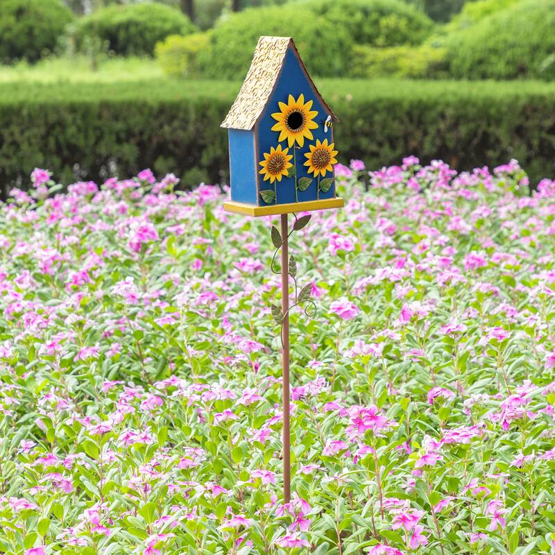 Glitzhome 52.5''H Blue Green Metal Sunflower Decorative Garden Birdhouse with Stake
