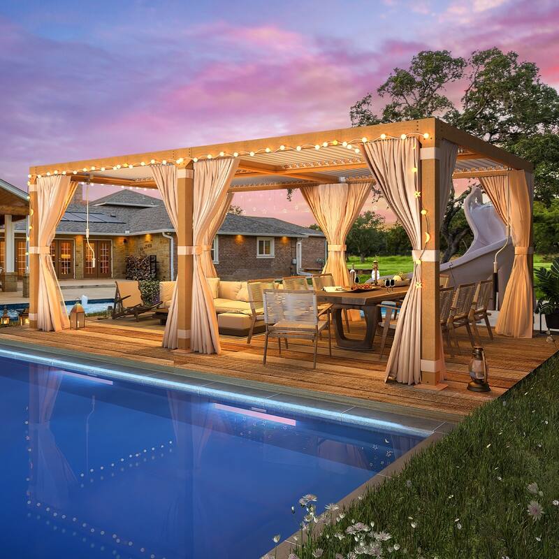 EROMMY Outdoor Louvered Pergola Gazebo with Adjustable Aluminum Rainproof Roof and Pull-Down Screen