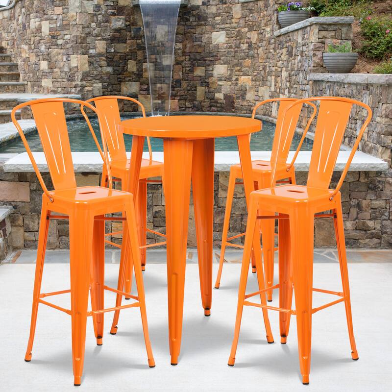 24'' Round Metal Indoor-Outdoor Bar Table Set with 4 Cafe Stools - 24"W x 24"D x 41"H