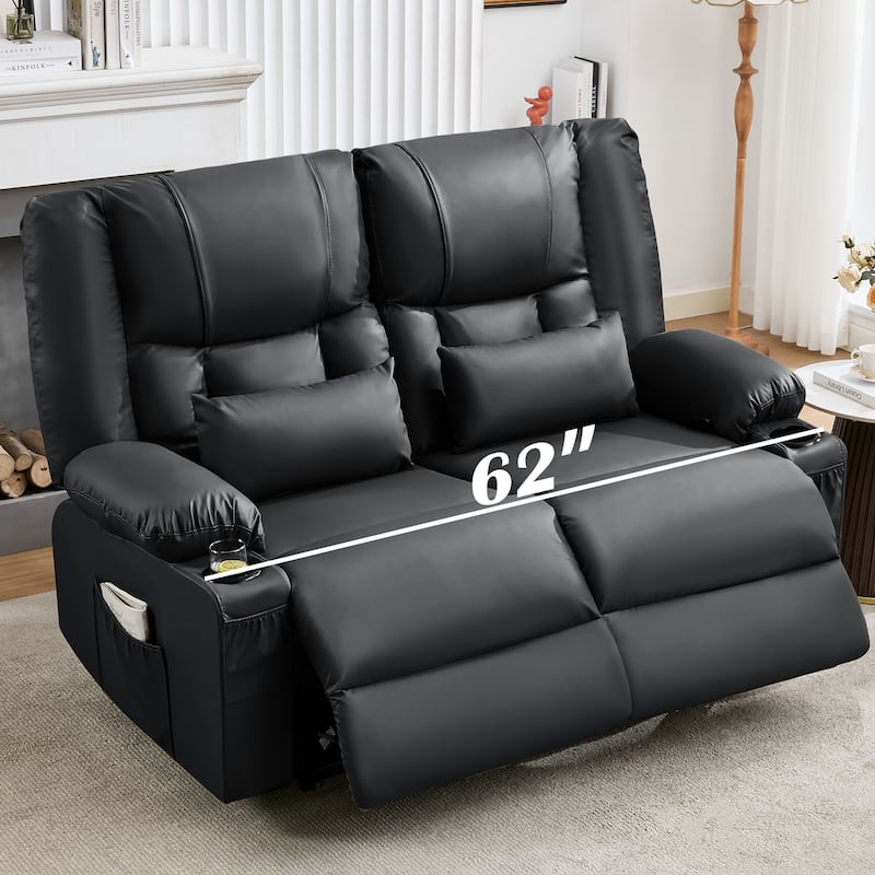 Manual Recliner Loveseat with Massage & Heating, Cup Holders & Side Pocket for Living Room