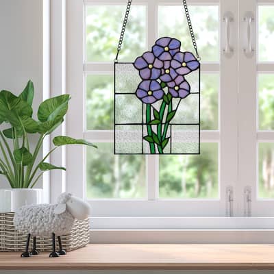 River of Goods Forget Me Nots in Bloom River of Goods Purple, Clear and Green Stained Glass Window Panel - 7.5" x 0.25" x 10"