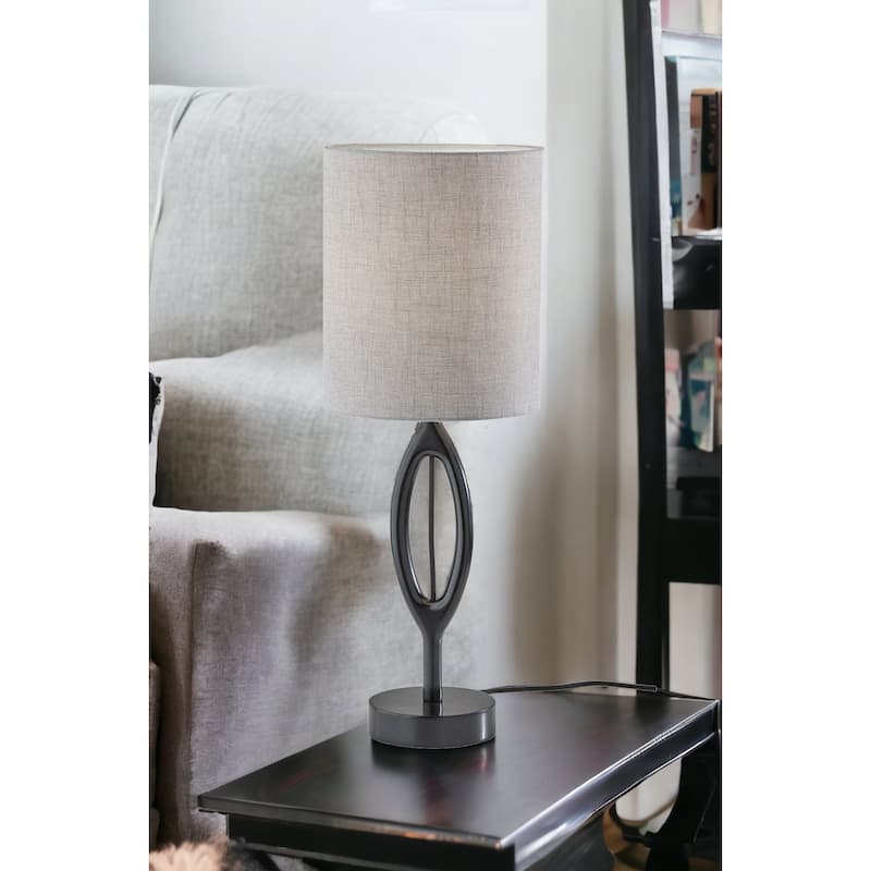 HomeRoots 28" Black Solid Wood Round Table Lamp With Gray Drum Shade - 10