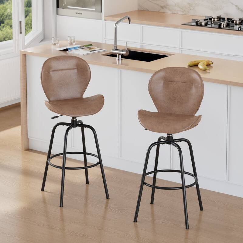 Javlergo 2/4 Pack Bar Stools Brown Mid Century Modern PU Leather 360° Swivel & Ring Footrest Kitchen Island Barstools - Set of 2