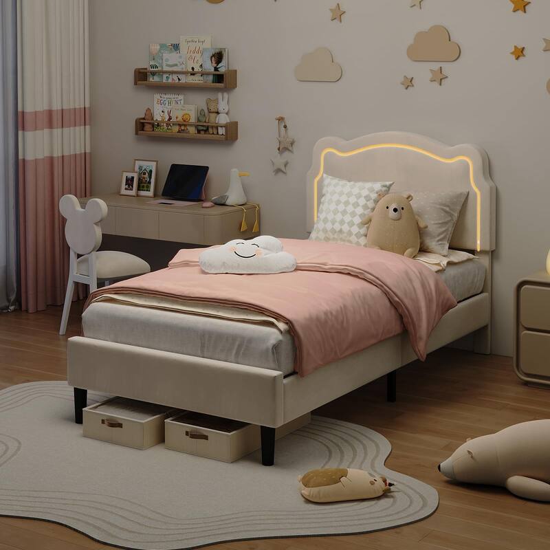 Twin Size Platform Bed Frame, Velvet Upholstered Bed Frame with Height Adjustable Bear-Shaped Headboard
