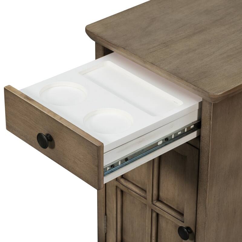 Multifunctional End Table with USB Ports and 1 Drawer with Cup Holders, Vintage Sofa Side Table Bedside Nightstand Narrow Table
