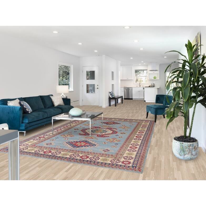 Hand Knotted Oriental 100% Wool Carpet Traditional Geometric Navy Blue & Blues Kazak Area Rug - 10' 0'' X 6' 9''