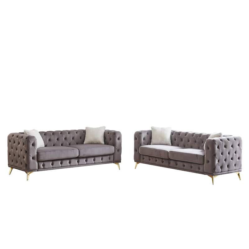 Velvet Chesterfield Sofa Set w/ Deep Seat & Tufted Design, 3+3 Seater