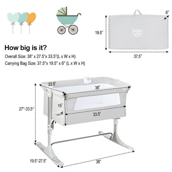 Gymax Portable Baby Bed Side Crib Height Adjustable W/ Music Box & - See Details