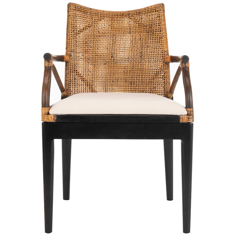 SAFAVIEH Vasatha Tropical Coastal Cushion Arm Chair - 21.5" W x 23.5" L x 32.3" H - 22"Wx24"Dx32"H - Brown/Black Legs/White Cushion
