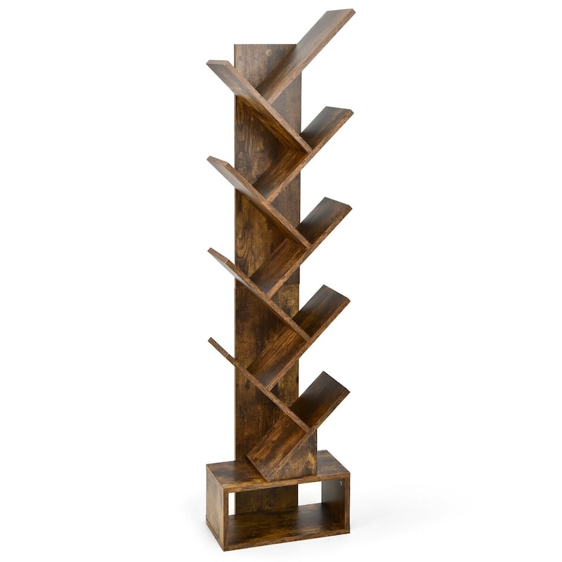 59" Tall Tree Design Bookshelf with 10 Open Shelves and Fabric Drawer for Small Spaces - 15'' x 8.5'' x 59'' (L x W x H)