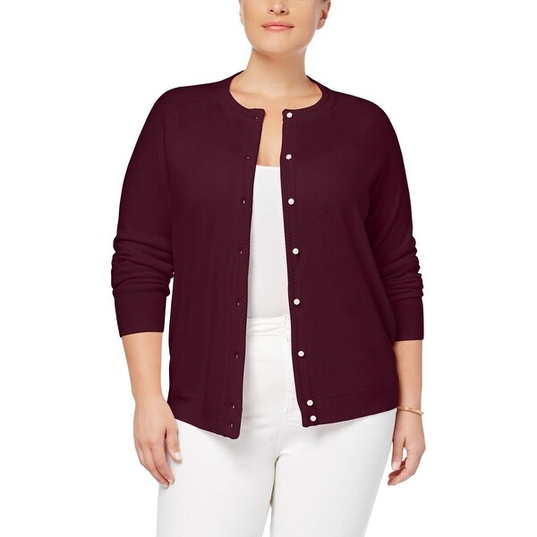 Karen Scott Womens Plus Ribbed Trim Long Sleeves Cardigan Sweater