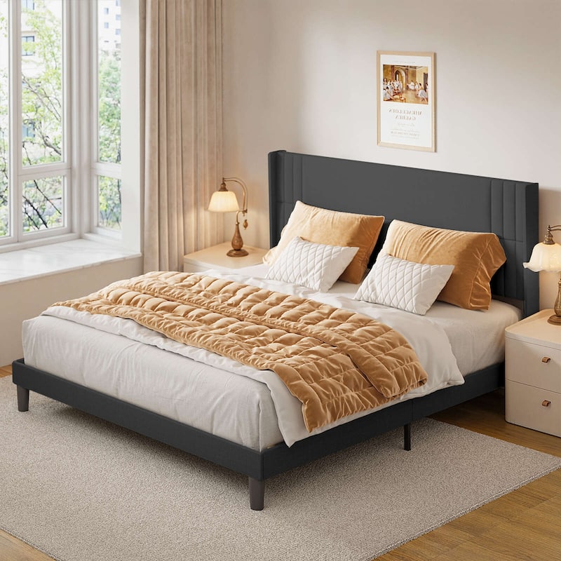 Queen/ Full Vertical Channels Upholstered Bed with Wingback Headboard - Dark Grey - King