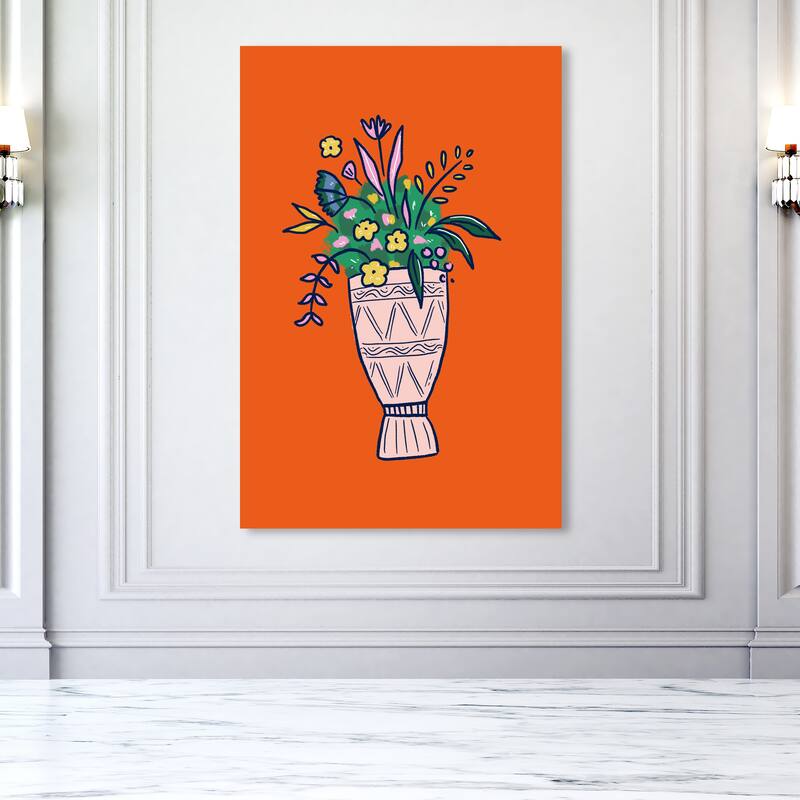 Wynwood Studio Canvas Floral and Botanical Ornate Floral Vase Orange and Modern & Contemporary Wall Art Canvas Print - 54 x 36