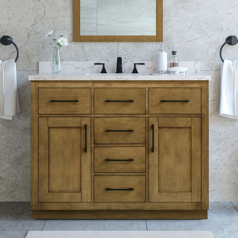 Athea Bathroom Vanity with White Engineered Marble Top - 42" - Almond Latte with Matte Black Hardware