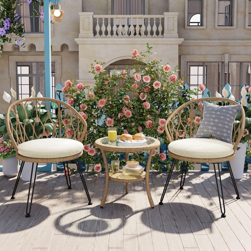 Outdoor Leisure Set, 2 Rattan Single Chairs with A Glass Round Table, Perfectly Suited for Patios, Balconies, and Courtyards
