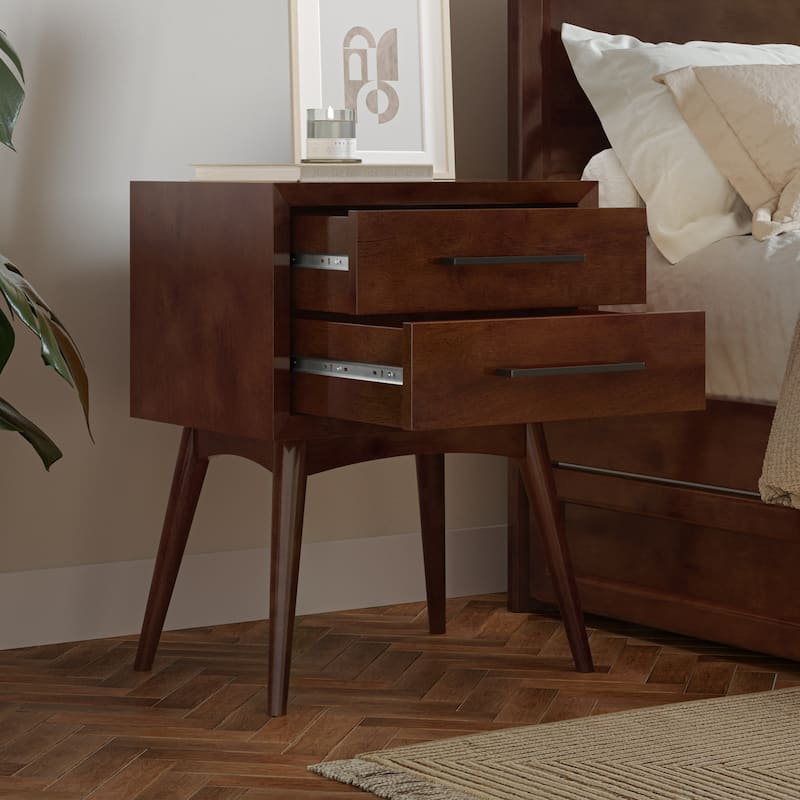 Walnut Solid Wood 2-Drawer Nightstand with Tapered Legs, Sleek Black Handles and Mid-Century Modern Design