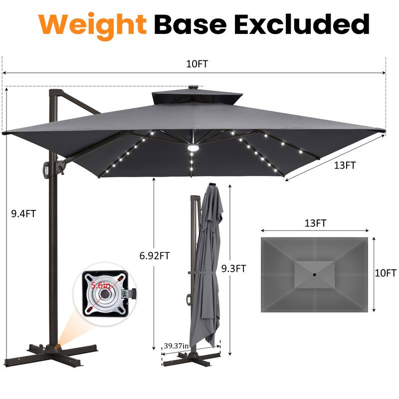 VredHom 10X13 FT Outdoor Cantilever Patio Umbrella Solar LED Light