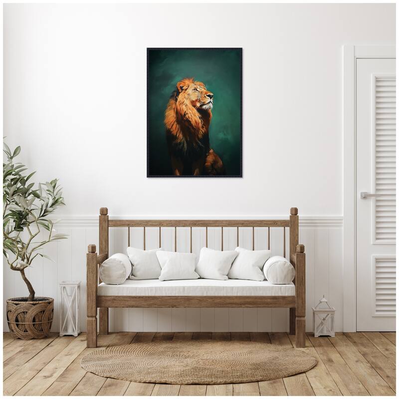 Kate and Laurel Twilight Turquoise Jade Lion by The Creative Bunch Studio Framed Canvas Wall Art Print