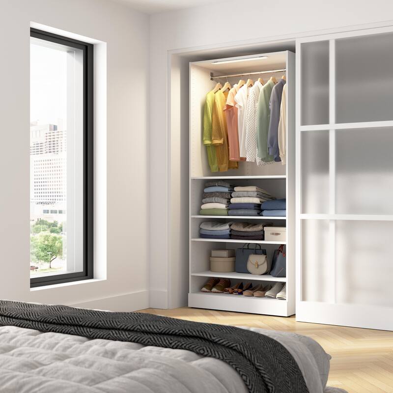 Bestar Florence 36W x 25D Closet System Tower with LED Light, Shelves - White