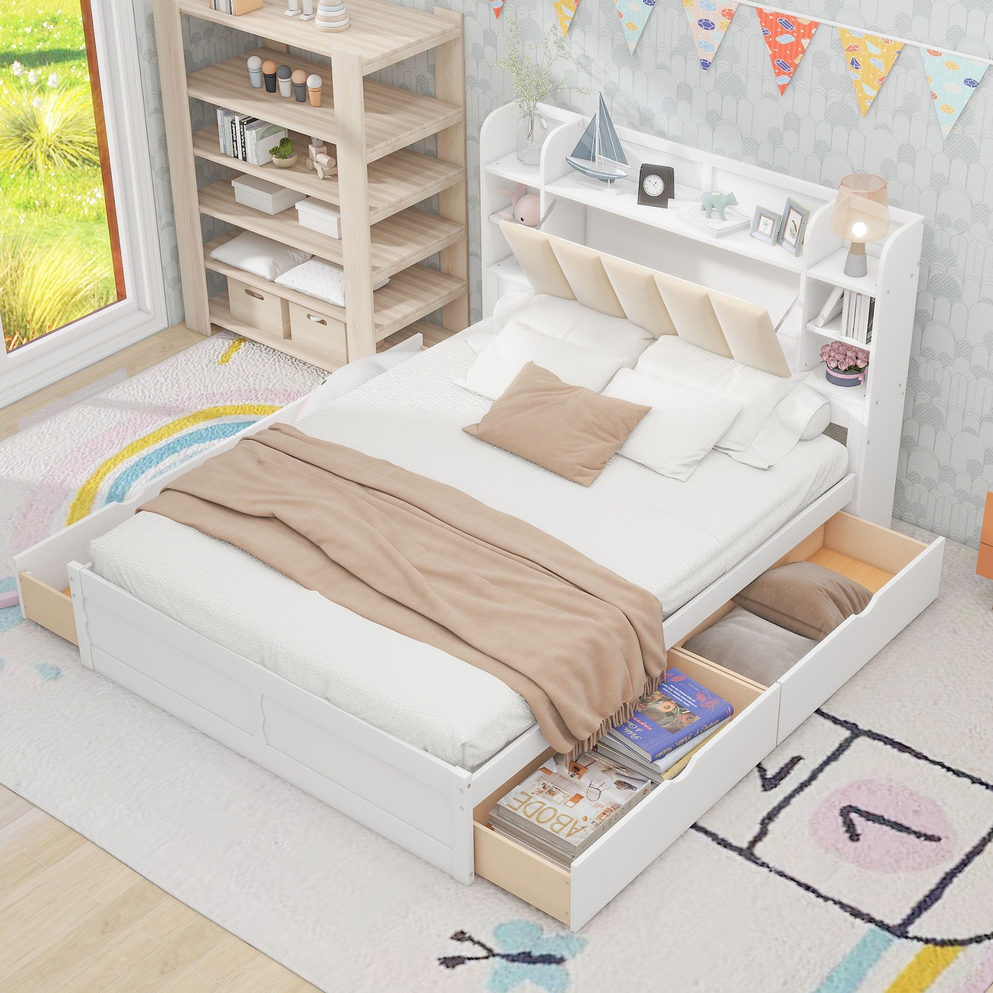 Platform bed sales with headboard storage