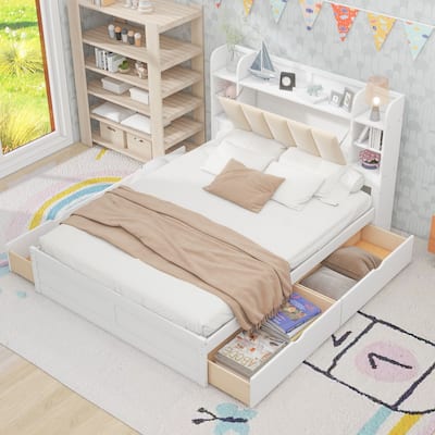 Queen Size Wood Platform Bed Frame with Upholstery Headboard & Storage