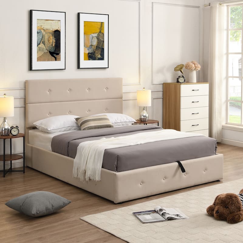 Full Size Upholstered Platform Bed with Storage Underneath, Metal Bed