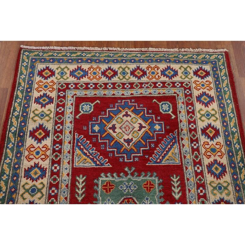 Red Geometric Kazak Oriental Foyer Rug Hand-Knotted Wool Carpet - 3'4" x 5'0"