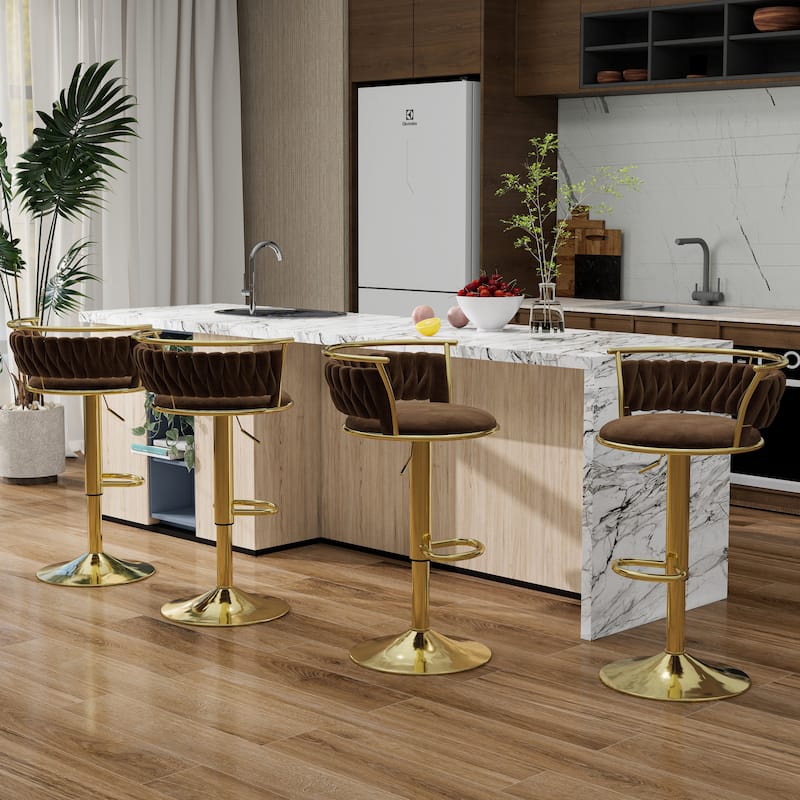 Modern Velvet 26" Adjustable Swivel Bar Stools (Set of 4) - Set of 4 - Coffee