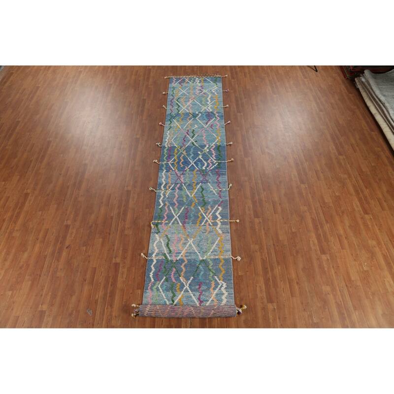Blue Moroccan Oriental Runner Rug Hand-Knotted Wool Carpet - 2'11"x 16'5"