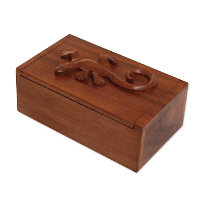 NOVICA Handmade Forest Gecko Decorative Wood Box - 3.3" H x 7.75" W x 4.7" D