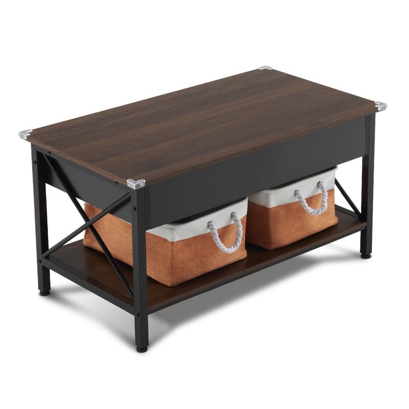 VINGLI Rectangular Nordic Walnut P2 Board with Side X-shaped Metal Frame, Adjustable Height, 2 Storage Bags, Coffee Table