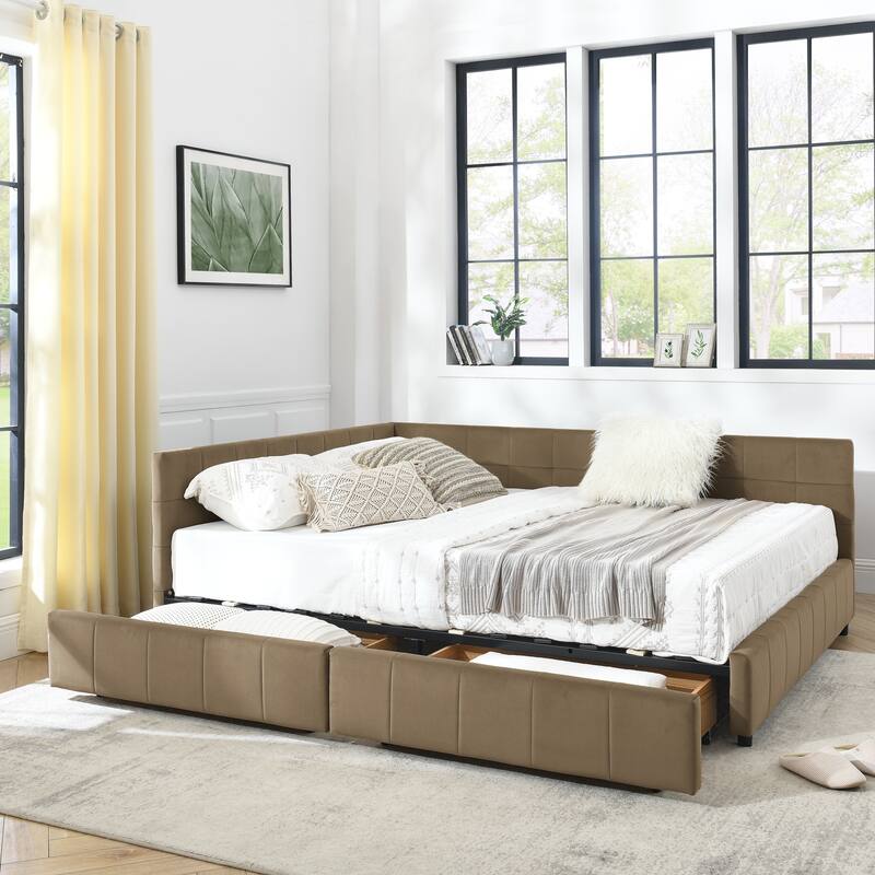 L-shaped Velvet Upholstered Daybed Tufted Sofa Bed with Soft Backrest Armrests - and Optional Corner Storage Day Bed