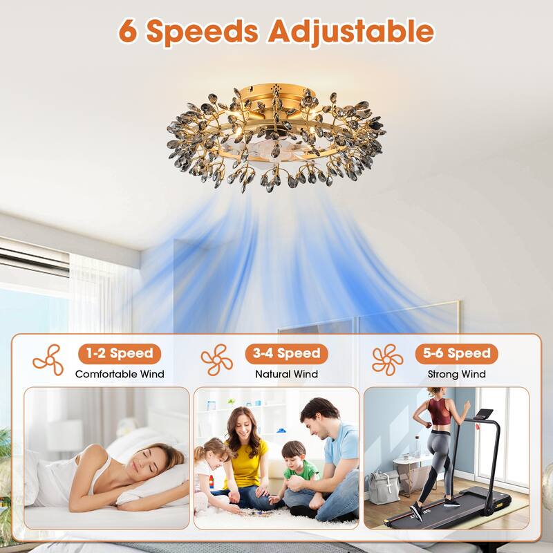 23" Modern Gold 4-Light Grey Crystal Low-Profile Flush Mount Ceiling Fan with Remote