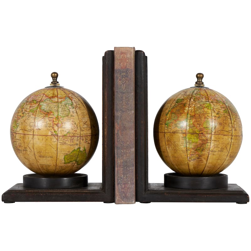 Wood World Map Globe Bookends - Set of 2 Brown - Roche River Decor - 5"W x 6"L x 8"H