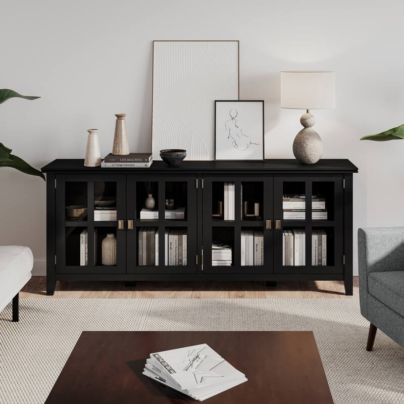 WYNDENHALL Stratford SOLID WOOD 66 inch Wide Contemporary Wide 4 Door Storage Cabinet in Russet Brown - 18" D x 66" W x 34" H - Black