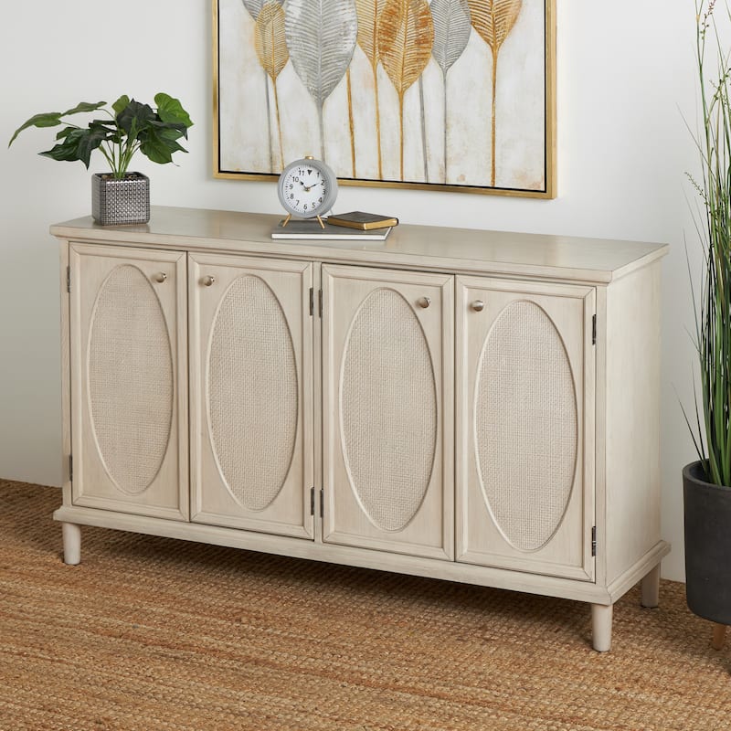 Wooden Geometric Washed Oval Rattan Front 4 Door Sideboard with Round Silver Knobs - Light Gray - Roche River Decor