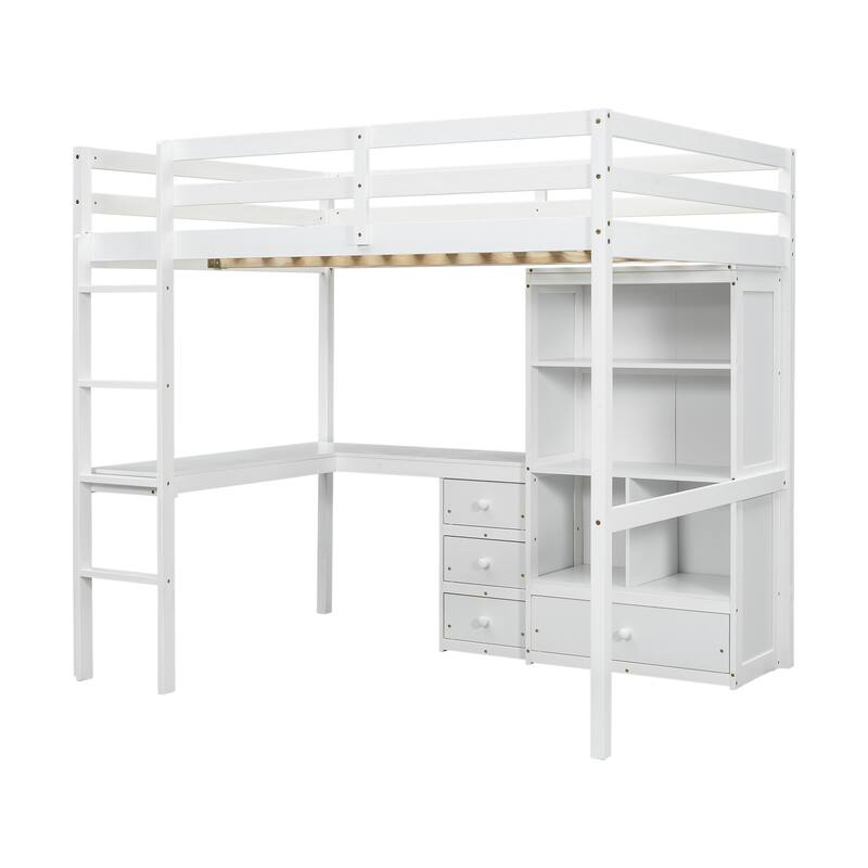 Full Size Loft Wood Bed with Desk, Storage Shelves, Drawers, and Built-in Ladder, White