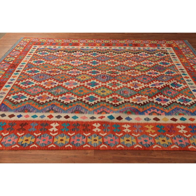 Reversible Kilim Oriental Area Rug Hand-Woven Orange Wool Carpet - 8'2" x 9'9"