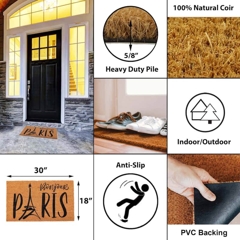 Sheltered Coconut Door Mat Printed Bonjour Paris 30x18 Natural