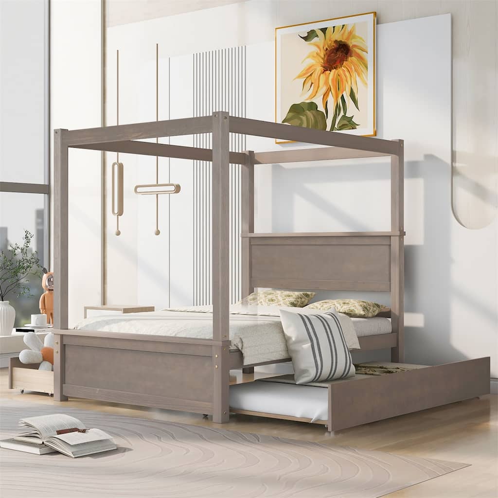 Merax Full Size Canopy Bed with Trundle Bed and two Drawers