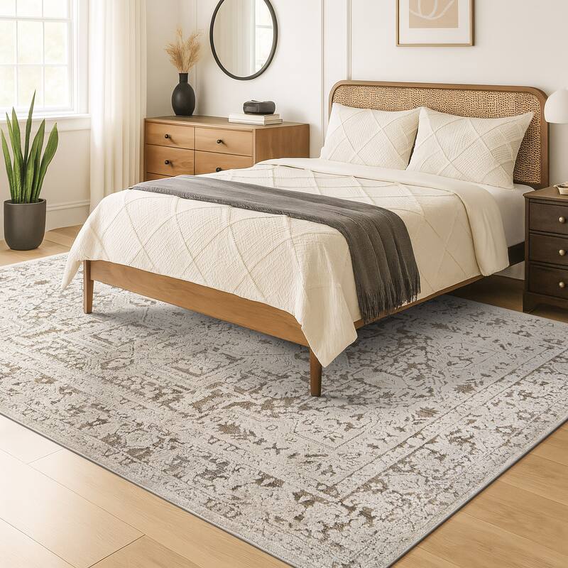 World Rug Gallery Textured Medallion Earth Beige Indoor High-Low Area Rug