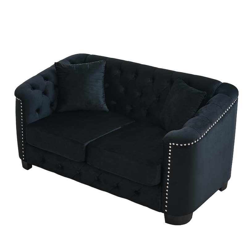 59-Inch Modern Chesterfield Velvet 3-Seater Sofa with Nailhead Trim (Black)