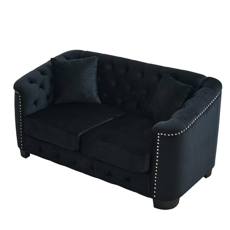 77'' Modern Velvet 3-Seater Sofa with Tufted Backrests, Nailhead Trim, and 2 Pillows